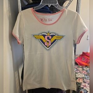 White and Pink Tee with Superhero Logo